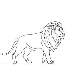 Majestic lion graphic in a single continuous line drawing style, perfect for logo design or modern art prints featuring wildlife.