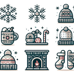 Winter and Christmas line icon set. Collection of cozy holiday symbols including snowflake, warm hat, hot chocolate, fireplace, and socks. Outline vector illustration