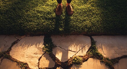 Person Standing on Cracked Stone Walkway Over Grass During Sunset, Long Shadows Cast on Broken Surface and Green Lawn Below