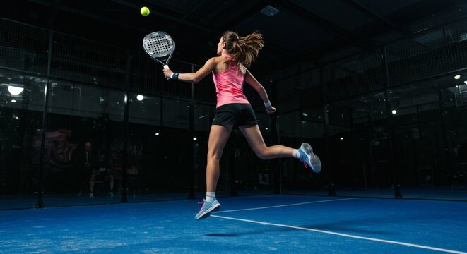 Dynamic female athlete jumping to hit padel ball on blue court, showcasing agility and intense action in indoor racket sport.
