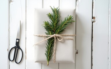 Zero waste stylish christmas gift. Gift wrapped in linen fabric with natural green branch on white rustic table background with fir and scissors. Plastic free holidays. High quality