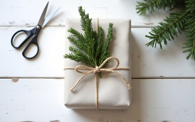 Zero waste stylish christmas gift. Gift wrapped in linen fabric with natural green branch on white rustic table background with fir and scissors. Plastic free holidays. High quality