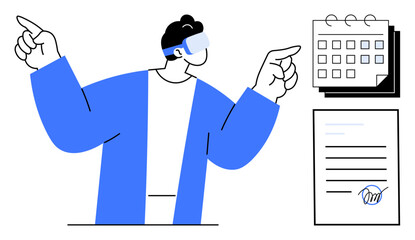 Individual wearing VR headset gesturing with both hands near a calendar and signed contract page. Ideal for technology, innovation, productivity, scheduling, contracts, virtual work, futuristic