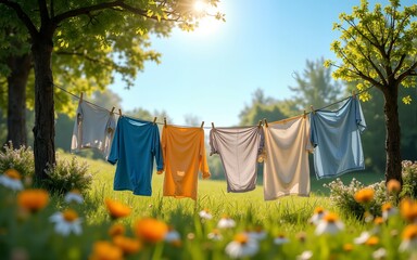 Eco-friendly lifestyle with clothes drying outdoors on a sunny day under blue sky among trees and flowers perfect for zero-waste living visuals and natural household concepts. High quality
