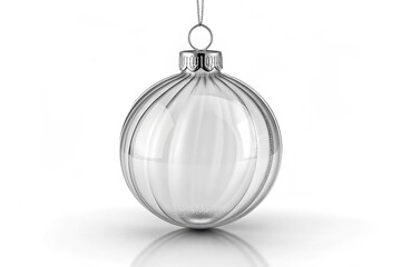 christmas ball bauble glossy transparent glass blank christmas silver hanging from top upright 3D rendering isolated on White Background