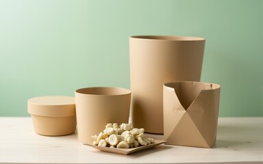 Eco-Environmentally friendly paper containers and packaging made from biodegradable materials, zero waste and recycling concept, green or disposable packaging. High quality