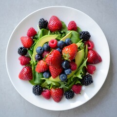 Obraz premium Fresh berry and avocado salad on a white plate