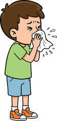 Cartoon boy sneezing with tissue, sick child blowing nose, seasonal flu symptoms, hygiene awareness illustration for medical and health education