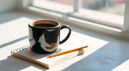 Black Coffee Mug on Empty Notepad with Pencil by Sunlit Window, Clean White Background, Minimal Workspace Concept