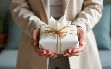Furoshiki tissue wrapping of presents. Female hand holding a gift in eco friendly reusable fabric package. Small business, ethical shopping idea. Presents packed in plastic free. Zero waste lifestyle
