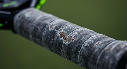 Close-up of a worn and damaged tennis racket grip, showcasing heavy use and wear on the handle tape.