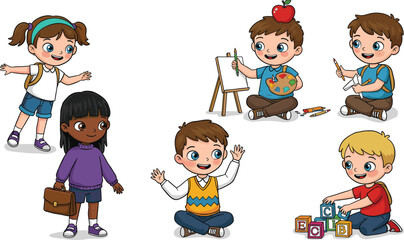 Cartoon kids learning and playing at school, preschool children with school supplies, drawing, blocks, backpacks, happy education illustration design