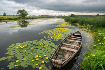  depicts a serene scene with a wooden rowboat moored in a calm river, surrounded by yellow water lilies. The sky is overcast, and the landscape includes green grass and a lone tree in the distance.