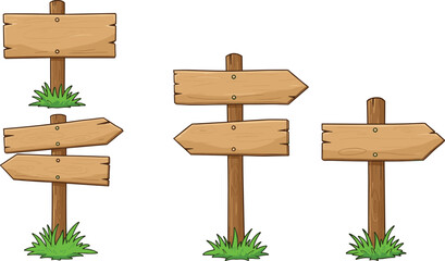 Cartoon wooden direction signs collection, blank rustic wood arrows on poles with grass base, isolated path guideboard vector illustration