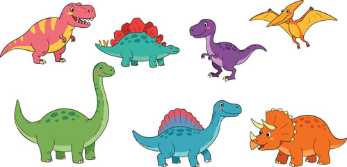 Colorful cartoon dinosaur collection for kids, including T-Rex, Stegosaurus, Pterodactyl, and more, on white background, fun educational illustration