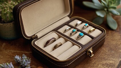 Open Leather Ring Box with Turquoise Wedding Bands, Silver Gold Signet Rings, and Brown White Band on Oak Table with Plants