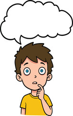 Confused cartoon boy thinking with blank thought bubble, isolated on white background, education, decision-making, emotions, kids clipart