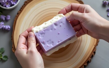 Overhead view of handmade lavender soap bar being shaped with peeler. Soap making, sustainable practices, eco-friendly skincare, small business, natural cosmetics, zero waste concept. High quality