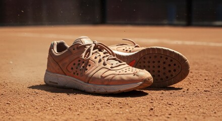 Well-worn athletic shoes resting on a dusty red clay court, symbolizing sports, effort, and active lifestyle.