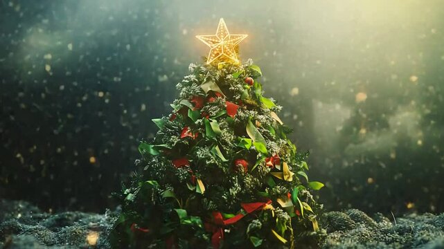 Christmas tree standing in snowy landscape at night