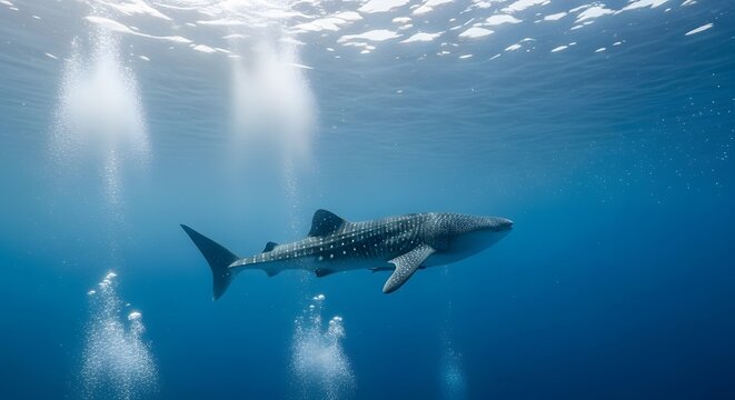 Minimalist Underwater Scene with Whale Shark and Plankton in Open Ocean