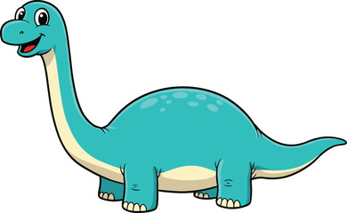 Cute cartoon dinosaur character illustration, smiling blue brachiosaurus for kids, educational prehistoric animal, isolated vector design for learning