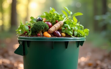 Trash bin for composting with leftover from kitchen. copy space. Recycling scarps concept. Sustainable and zero waste lifestyle. High quality