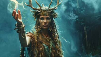A female shaman in traditional attire performs a mystical ritual, holding an animal skull, set against a dark, foreboding forest backdrop. The scene evokes themes of black magic, fantasy, paganism