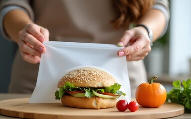 A women prepares lunch and puts a sandwich into a food-grade silicone bag as part of a zero-waste lifestyle to replace plastic bags. High quality