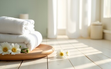 A soft wooden surface in a spa-like setting, featuring white towels, small flowers, and natural bathroom essentials, creating a peaceful and minimalist aesthetic for wellness or home decor