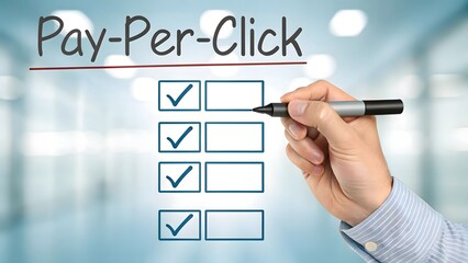 Pay Per Click Checklist with Hand and Pen Marking Boxes Digital Marketing Strategy and Advertising Campaign Management Online Business Success and Optimization