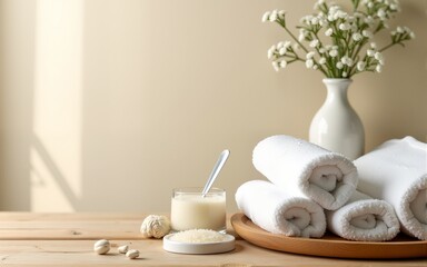 A soft wooden surface in a spa-like setting, featuring white towels, small flowers, and natural bathroom essentials, creating a peaceful and minimalist aesthetic for wellness or home decor