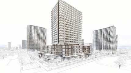 Architectural sketch of modern high-rise buildings.
