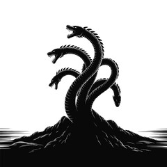 Obraz premium Black hydra monster with multiple heads emerging from rocky terrain serpent mythological creature