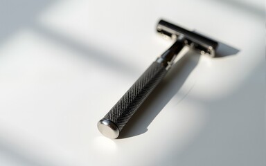 Reusable steel double edged eco-friendly safety razor on minimalist background with shadows. Zero waste sustainable plastic free lifestyle. High quality