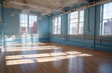 Empty Dance Studio with Light Blue Walls, Wooden Floor, and Barre by Large Windows Offering Natural Light