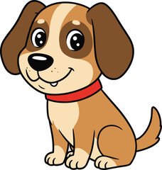 Cute cartoon puppy with brown fur and red collar sitting and smiling, isolated on white background, perfect for kids and pets