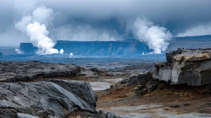 Fototapeta premium Dramatic volcanic landscape with active lava fountains and smoke