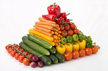 features a colorful pyramid of vegetables, including carrots, bell peppers, cucumbers, and tomatoes, arranged in a rainbow-like gradient on a white background.