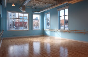 Bright and Spacious Dance Studio Featuring Wooden Flooring, Light Blue Walls, and Wall-Mounted Barre