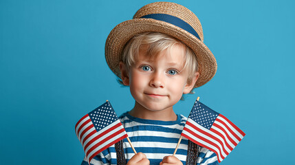 Adorable child in summer outfit with American flags and copy space on blue background, ideal for 4th of July advertising, social media content, banners, and educational materials.