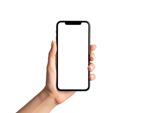 A hand holds a black smartphone against a white background.  The smartphone's screen is blank white.  The hand is light-skinned with visible veins and nail details on the fingers gripping the phone. 