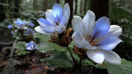 Enchanting glow of bioluminescent flowers in misty forest. New Zealand Flowers Week