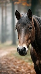 Obraz premium Brown horse standing on a forest path surrounded by misty trees during autumn mornings