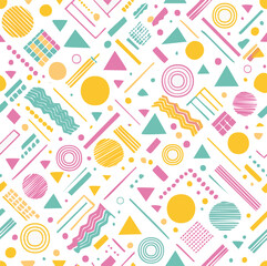 Bright pattern of squiggles, circles, triangles, and lines, 1980s Memphis style retro pop