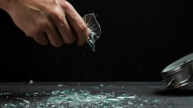 Smashing Alarm Clock - A hand forcefully smashes a silver alarm clock, sending shards of glass flying across a dark surface.