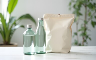 Glass water bottles and eco bag on a white wooden table. High quality