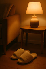 Cozy home interior with warm lamp light, comfortable armchair, and fluffy slippers on wooden floor at night