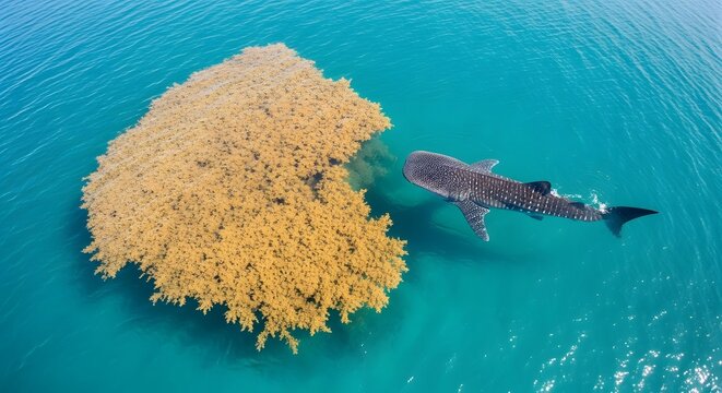 Aerial View of Whale Shark Near Ocean Surface with Floating Sargassum