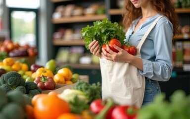Young Woman puts fruits and vegetables in cotton produce bag at food market. Reusable eco bag for shopping. Zero waste concept. High quality